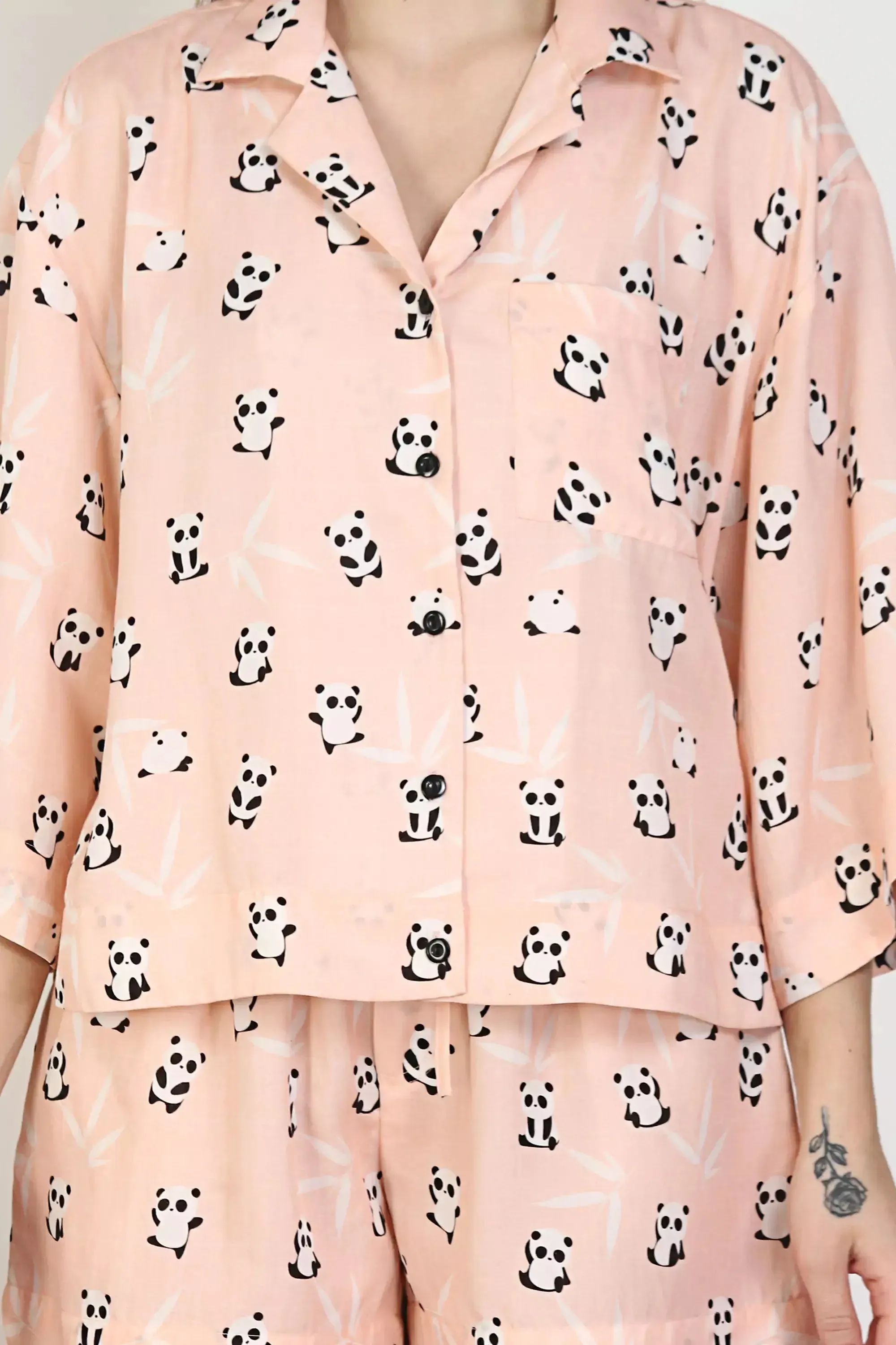 Two Piece Pajama Set Cartoon Panda Print Short Sleeve Top and bottom Sleepwear