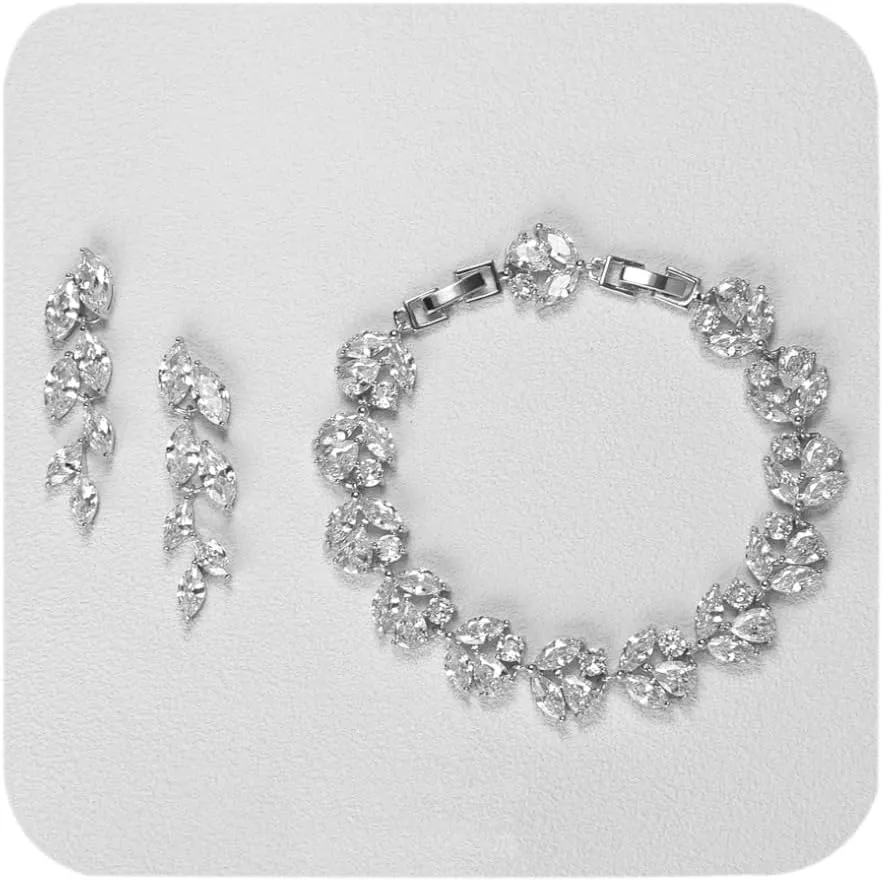 UDYLGOON Cubic Zirconia Leaf Dangle Earrings & Bracelet Set, Elegant Bridal Jewelry Set for Wedding, Prom, Party, Bridesmaid Gift