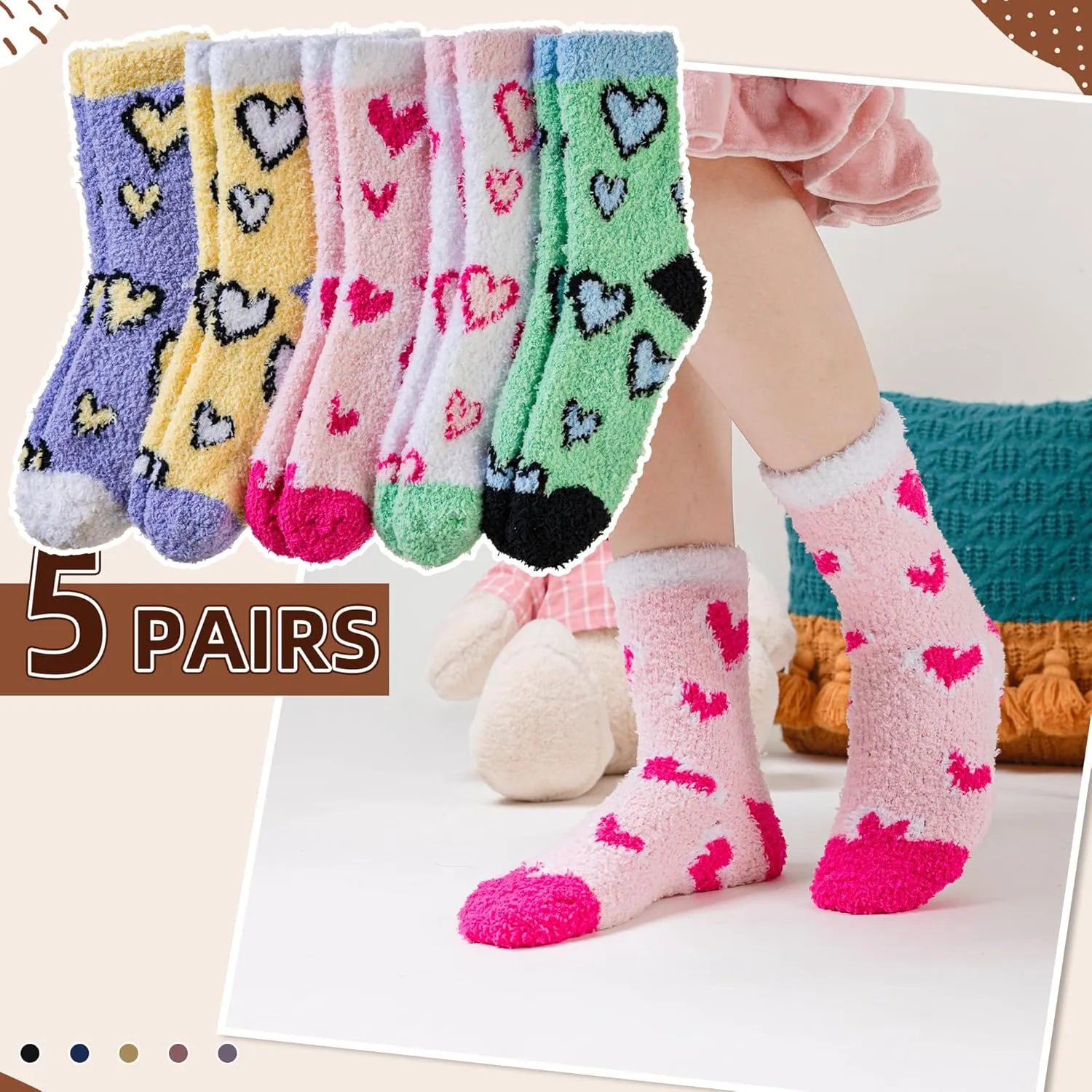 Velice Womens Fuzzy Socks Soft Cozy Fluffy Slipper Socks Winter Warm Plush Sleeping Christmas Socks 5 Pairs