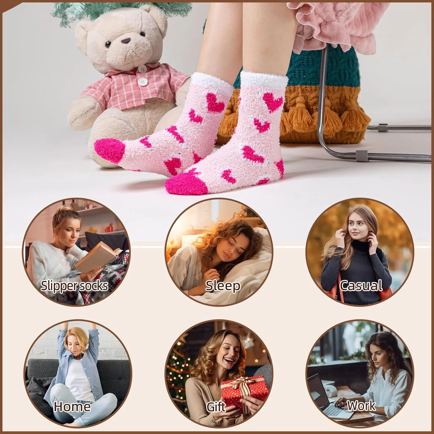 Velice Womens Fuzzy Socks Soft Cozy Fluffy Slipper Socks Winter Warm Plush Sleeping Christmas Socks 5 Pairs