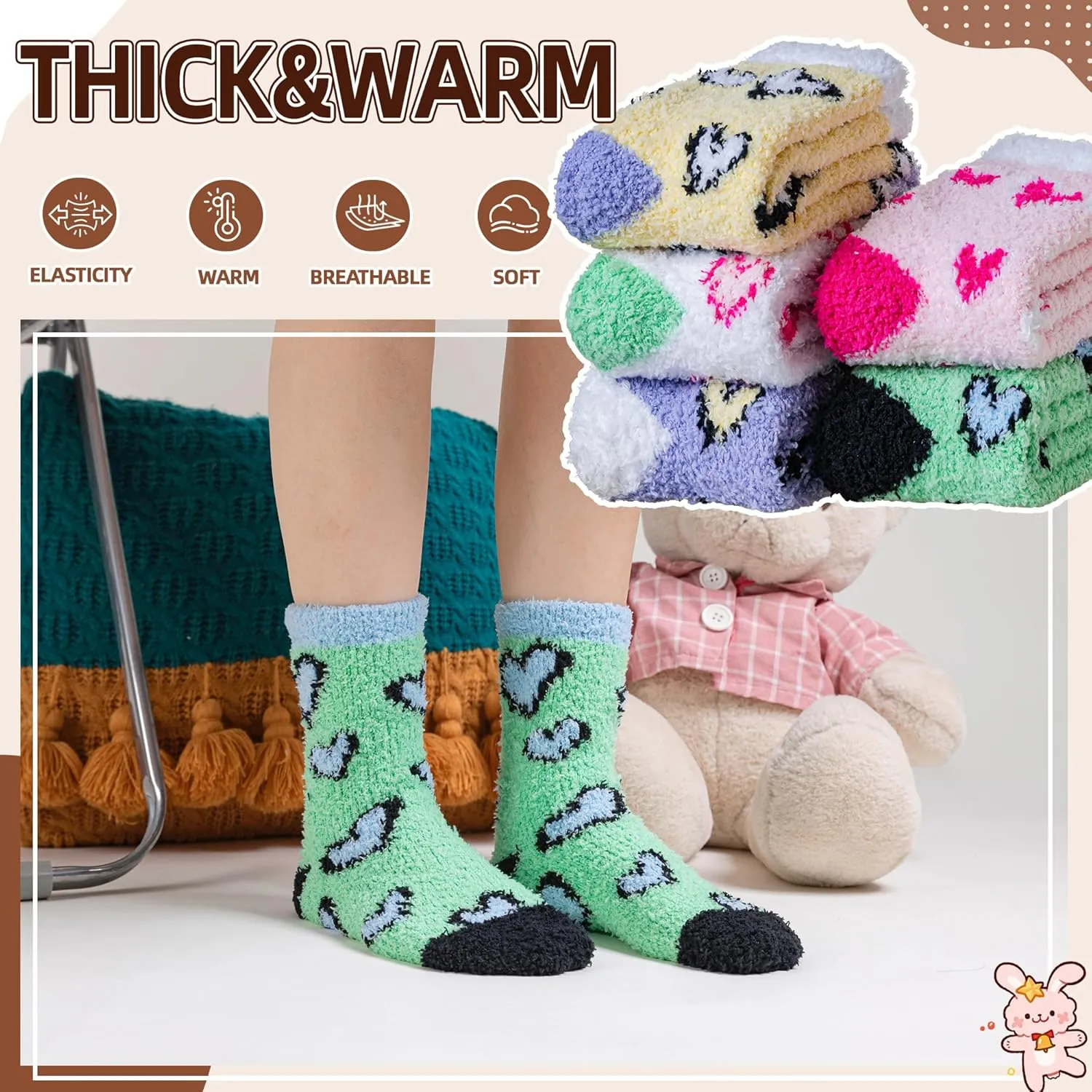 Velice Womens Fuzzy Socks Soft Cozy Fluffy Slipper Socks Winter Warm Plush Sleeping Christmas Socks 5 Pairs