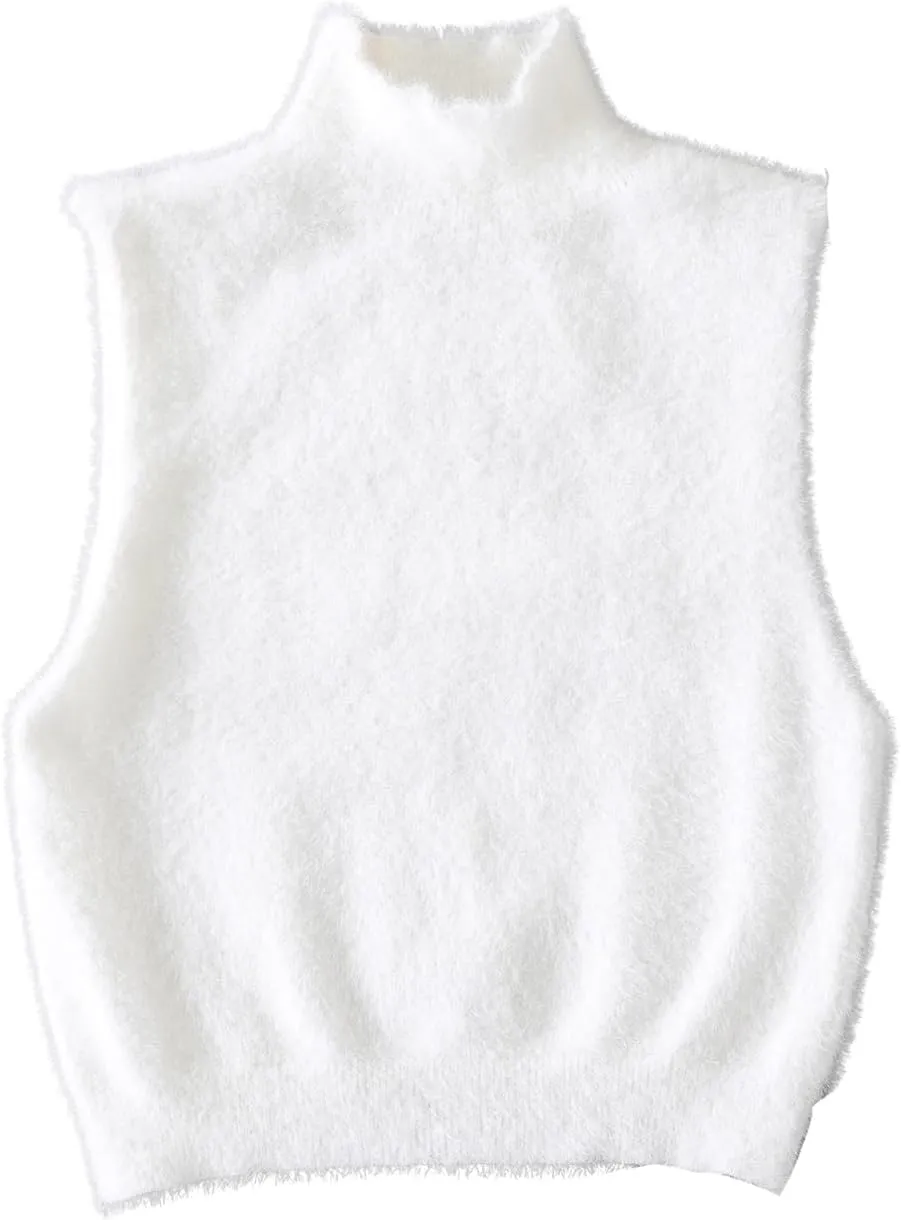 Verdusa Women's Mock Neck Sleeveless Fuzzy Knit Crop Tank Top Sweater Vest