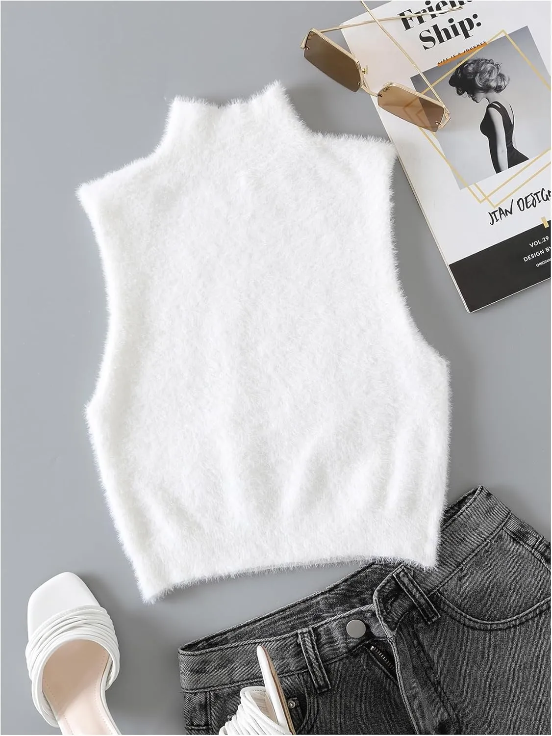 Verdusa Women's Mock Neck Sleeveless Fuzzy Knit Crop Tank Top Sweater Vest