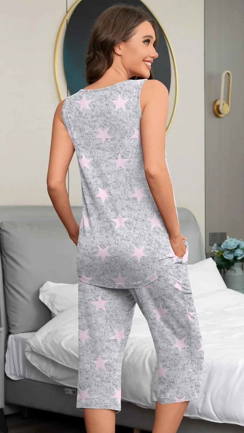 Women Pajamas Sets Loungewear Soft Sleepwear Two Piece Summer Sleeveless Pjs Tank Top Pants with Pocket M-3XL