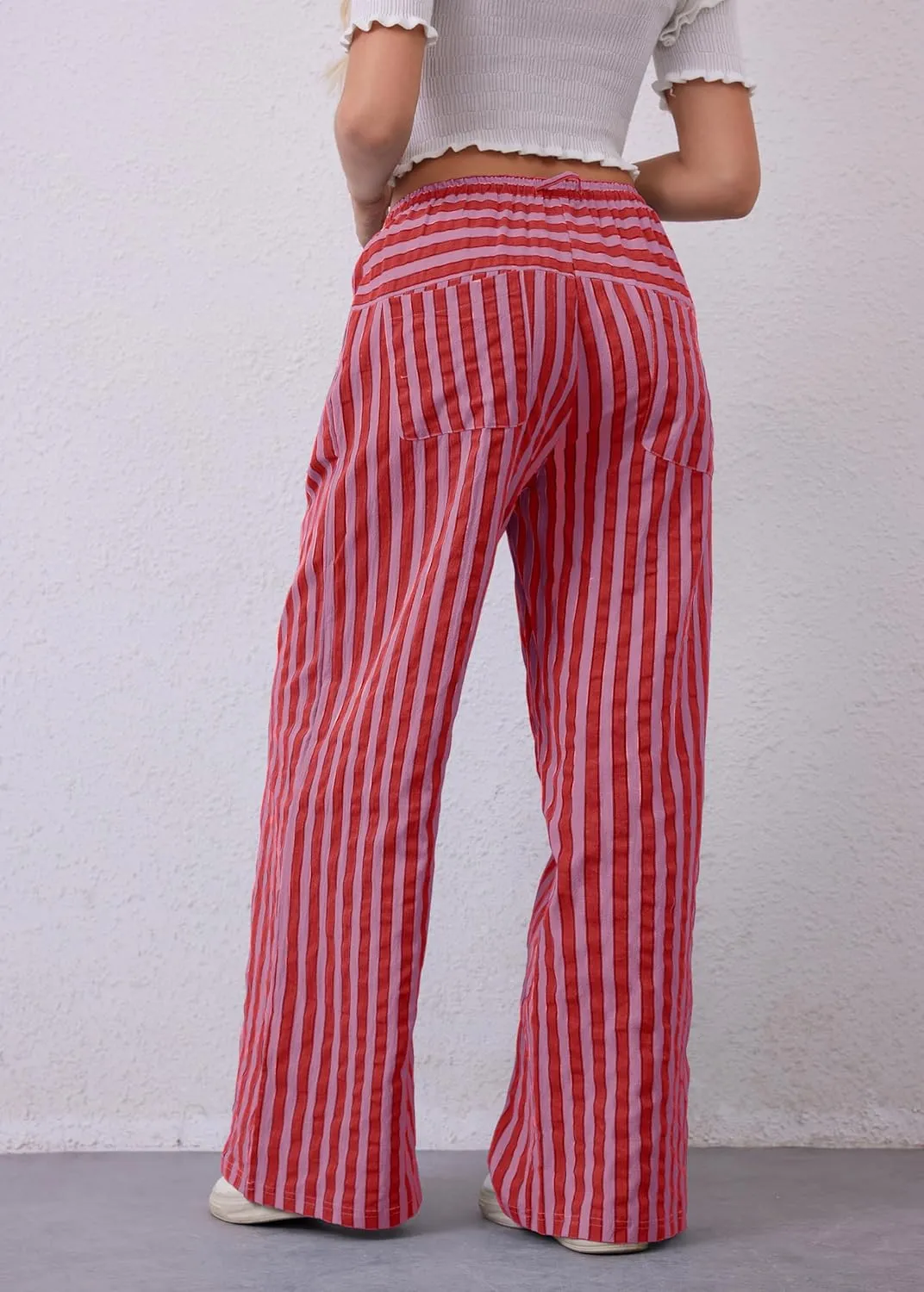 Women Striped Drawstring Wide Leg Pants Loose Low Waist Casual Trousers Contrast Comfy Lounge Pants with Pockets