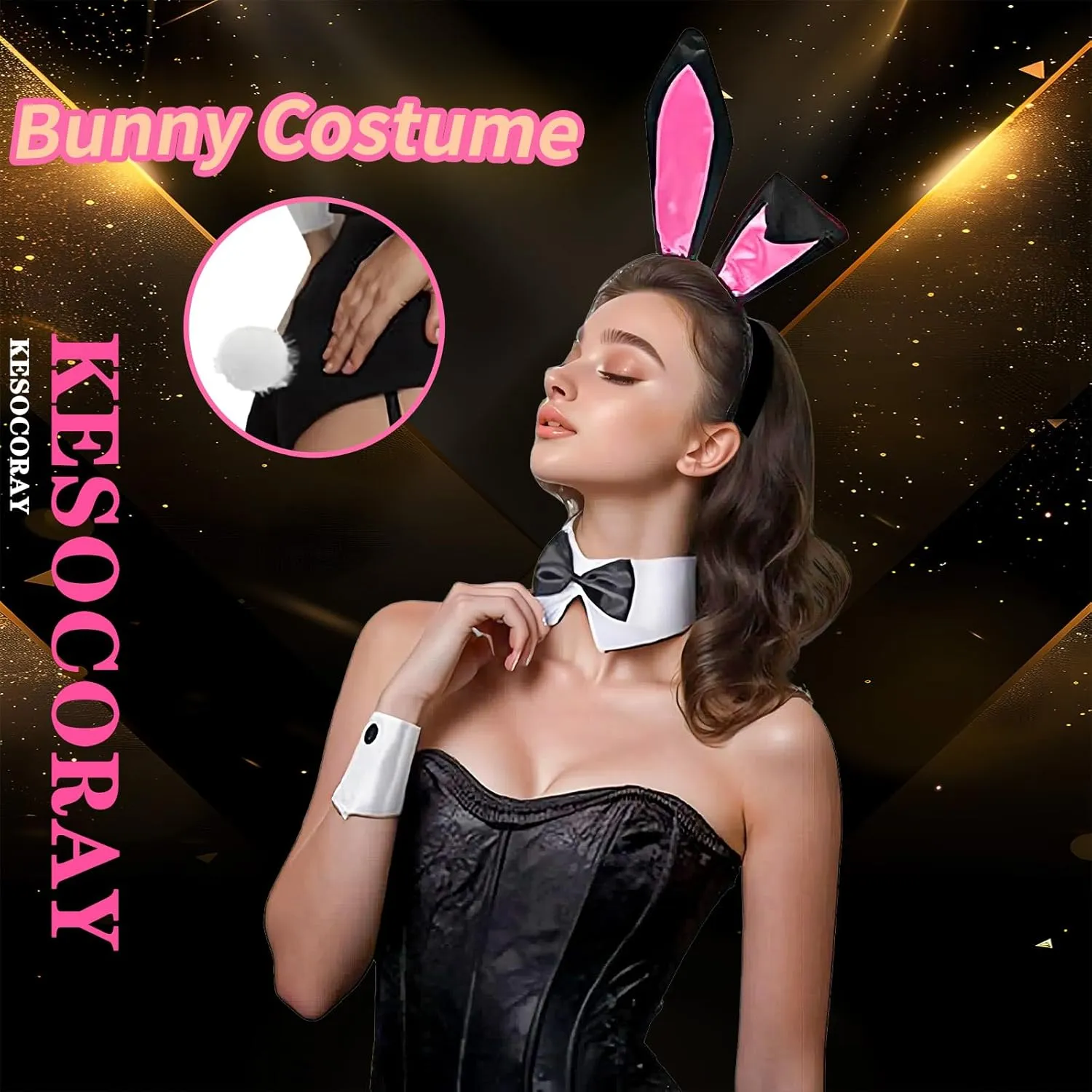 Women's Bunny Costume Set with Box Rabbit Ear Headband Collar Bow Tie Costume Cuffs Rabbit Tail Kit for Party