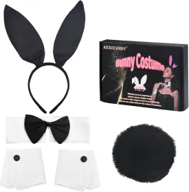 Women's Bunny Costume Set with Box Rabbit Ear Headband Collar Bow Tie Costume Cuffs Rabbit Tail Kit for Party
