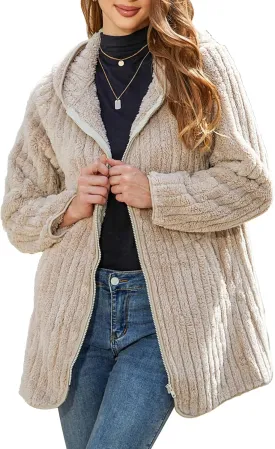 Womens Fleece Jacket Hooded Winter Warm Full Zip Long Sleeve Sherpa Jacket Coat Outerwear with Hood (S-5XL)