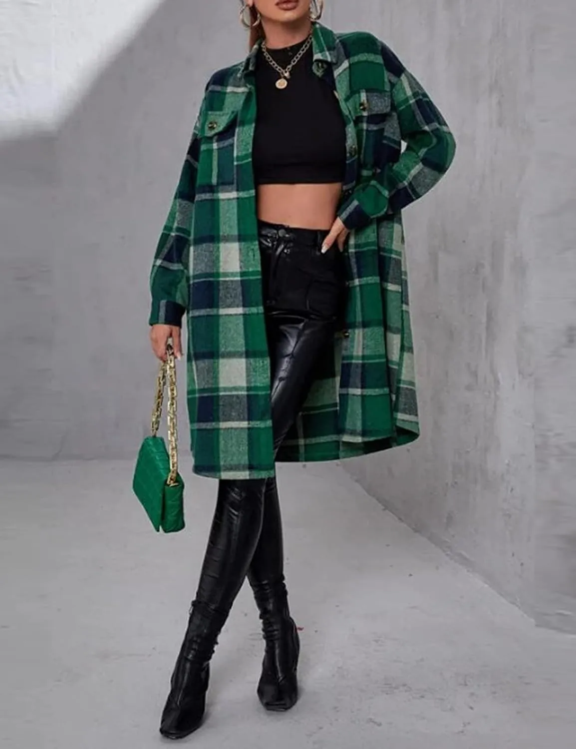Women's Long Plaid Shirt Jacket Shacket Casual Lapel Button Down Wool Blend Tartan Trench Coat with Pockets