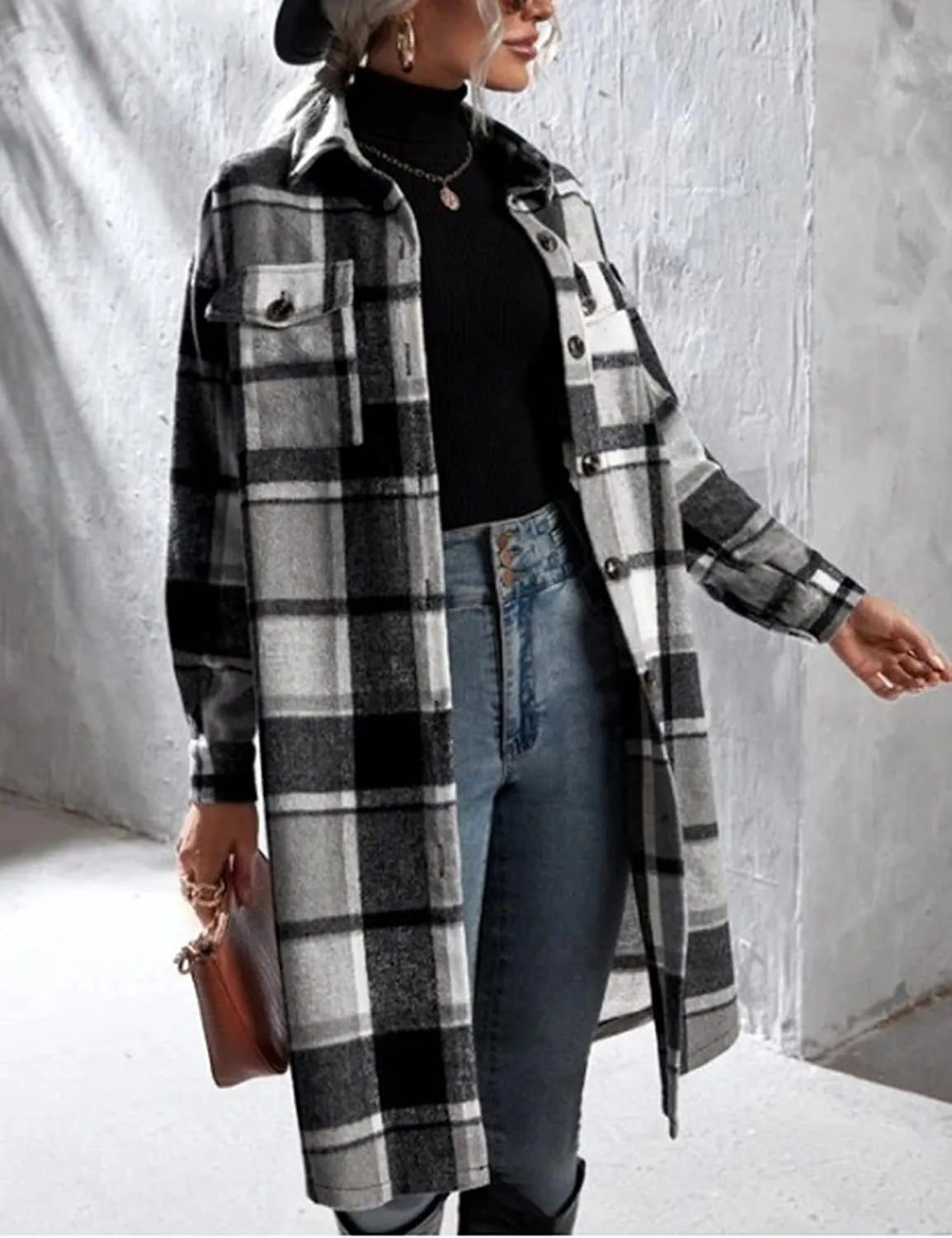 Women's Long Plaid Shirt Jacket Shacket Casual Lapel Button Down Wool Blend Tartan Trench Coat with Pockets