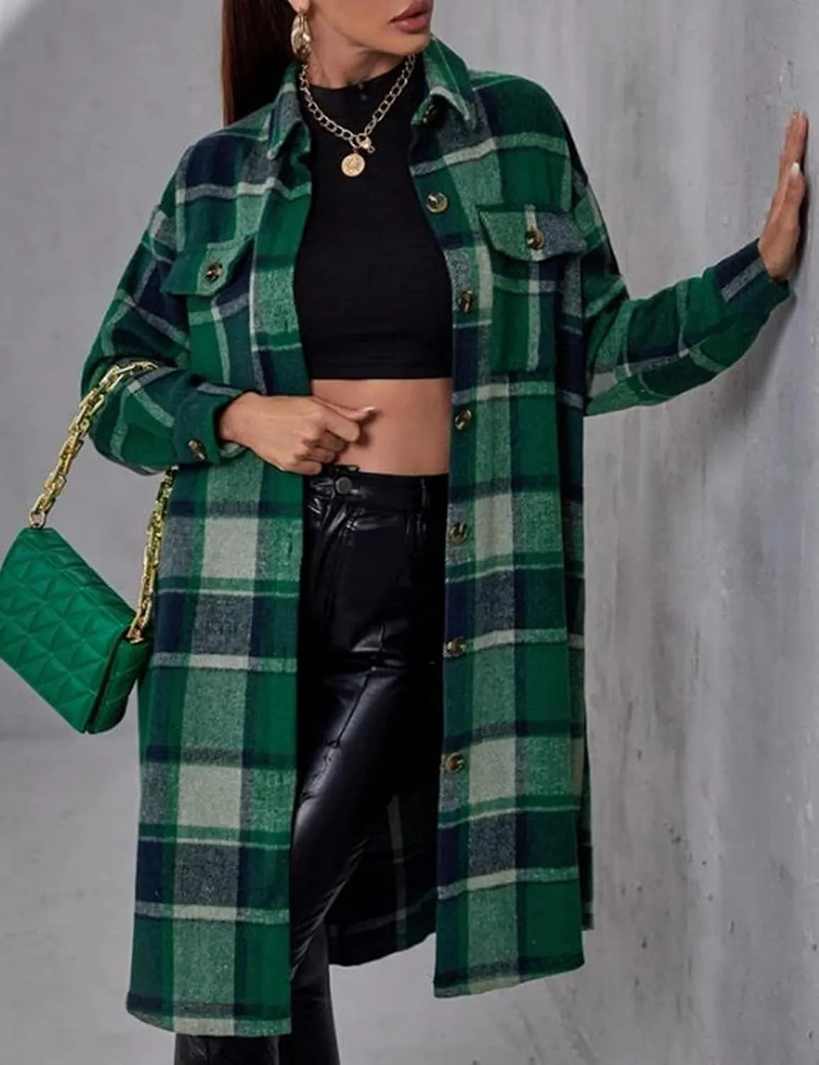 Women's Long Plaid Shirt Jacket Shacket Casual Lapel Button Down Wool Blend Tartan Trench Coat with Pockets