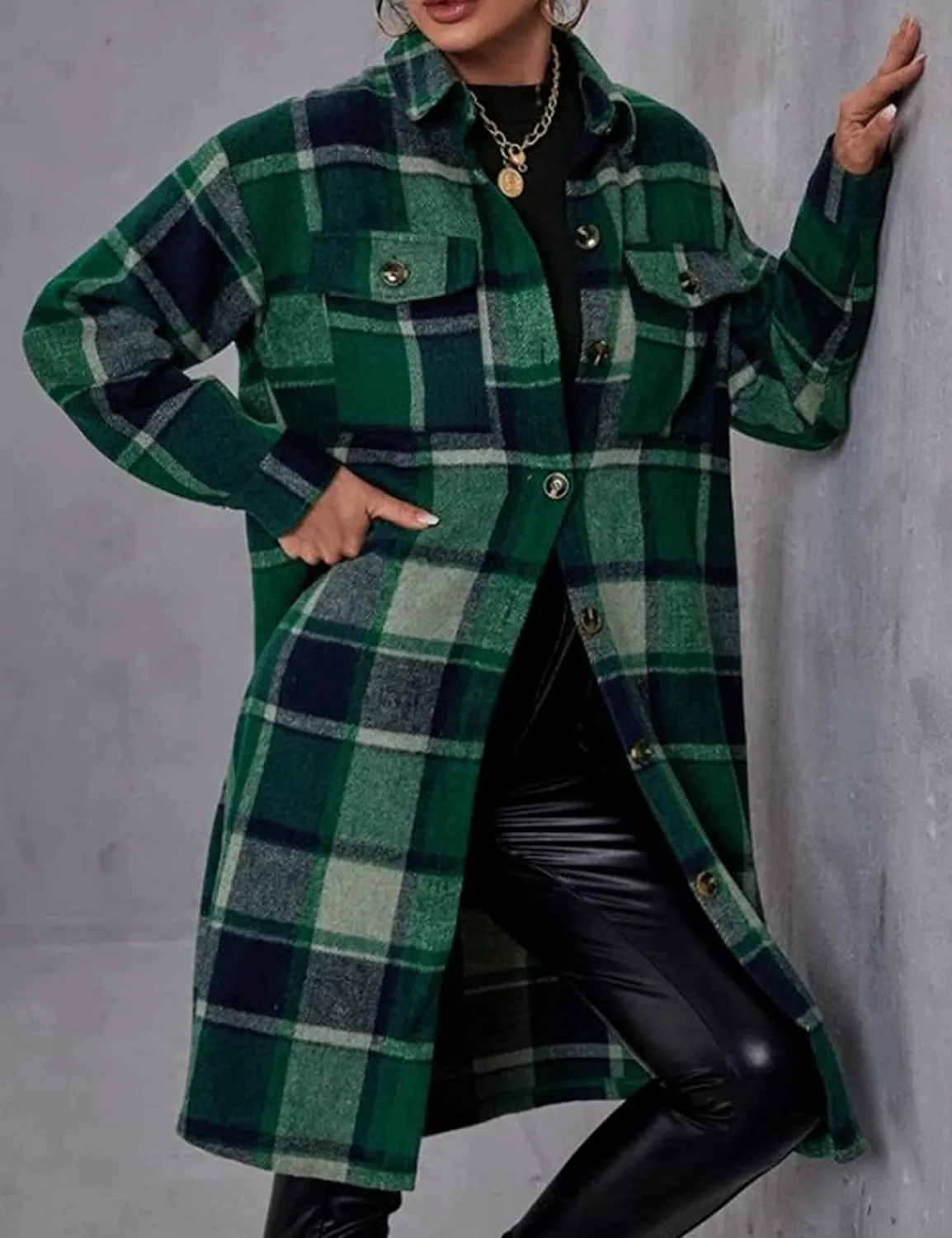 Women's Long Plaid Shirt Jacket Shacket Casual Lapel Button Down Wool Blend Tartan Trench Coat with Pockets