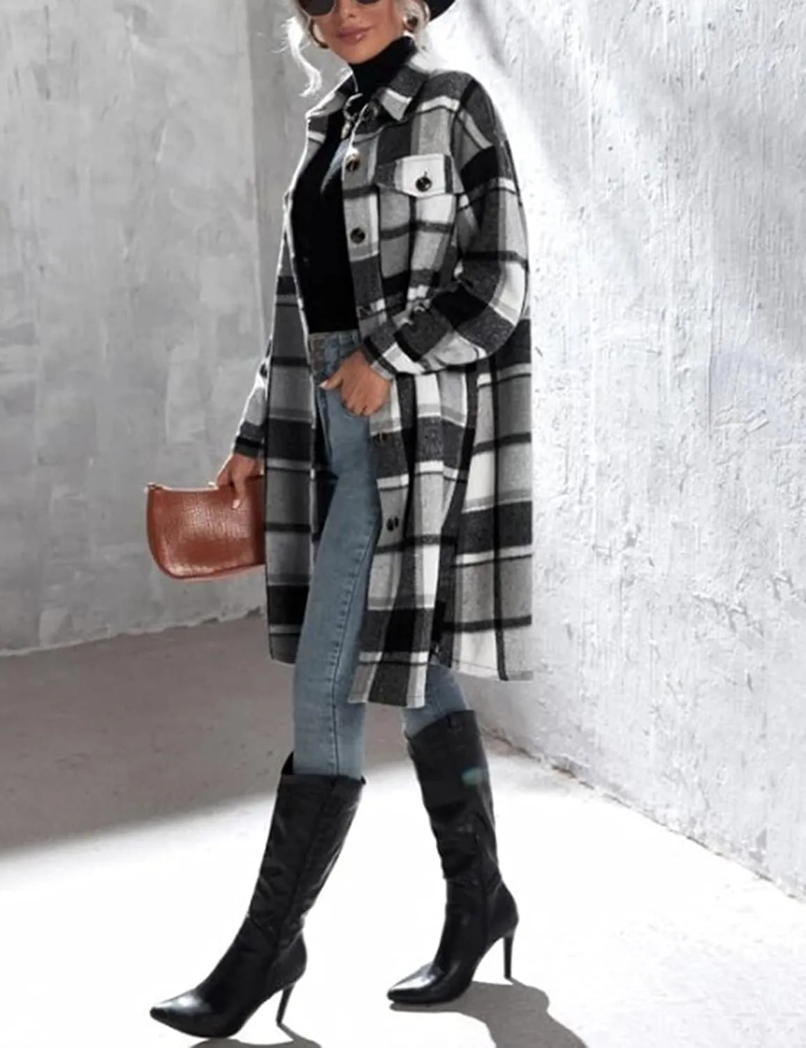 Women's Long Plaid Shirt Jacket Shacket Casual Lapel Button Down Wool Blend Tartan Trench Coat with Pockets