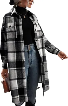 Women's Long Plaid Shirt Jacket Shacket Casual Lapel Button Down Wool Blend Tartan Trench Coat with Pockets