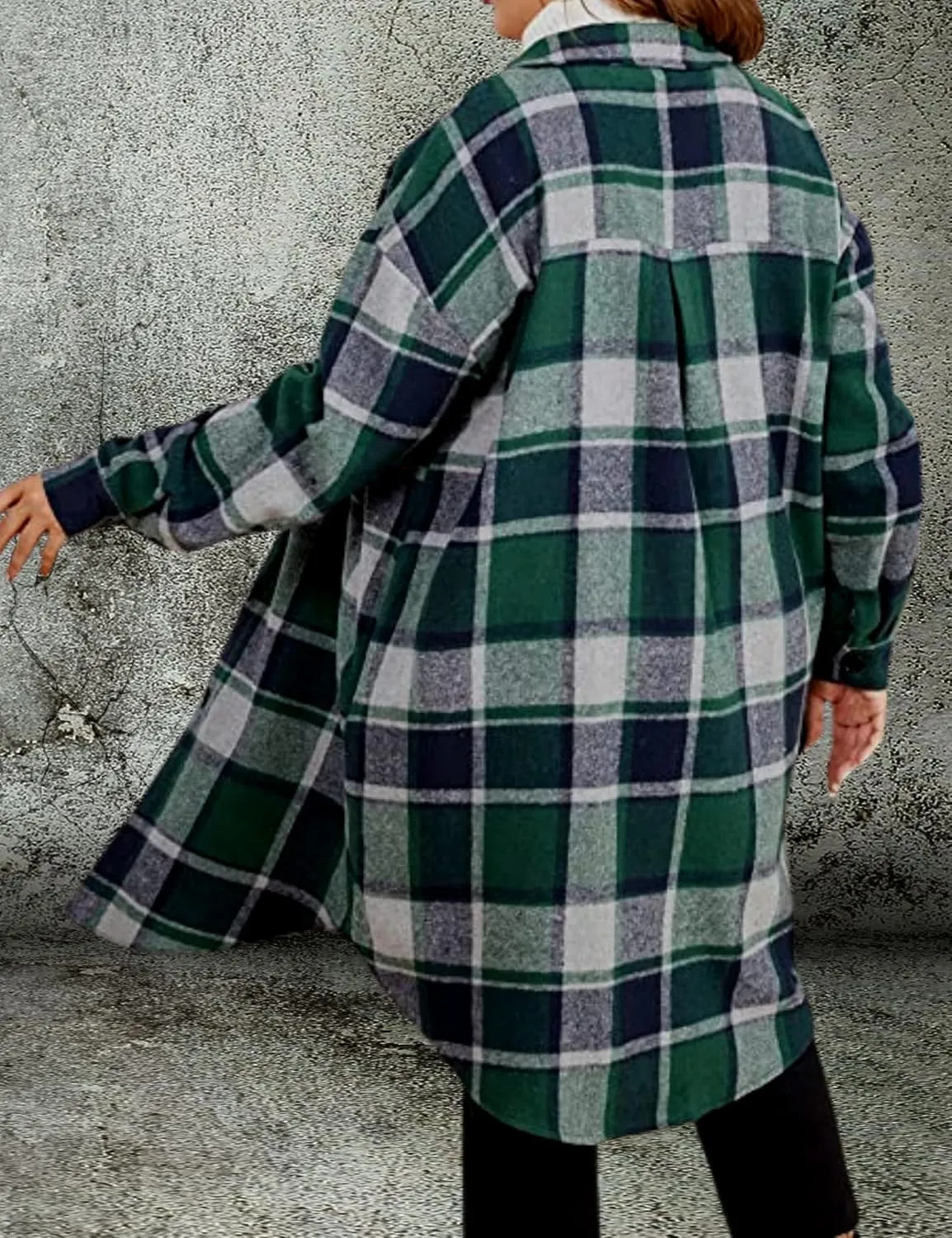 Women's Long Plaid Shirt Jacket Shacket Casual Lapel Button Down Wool Blend Tartan Trench Coat with Pockets
