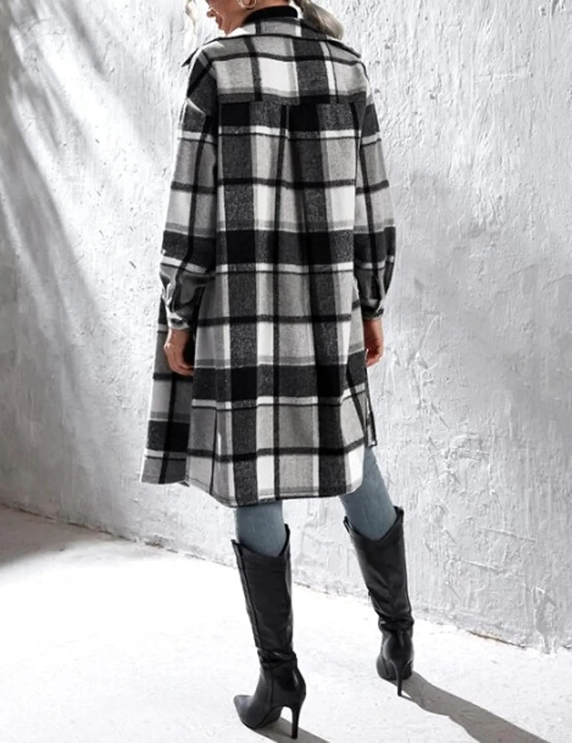 Women's Long Plaid Shirt Jacket Shacket Casual Lapel Button Down Wool Blend Tartan Trench Coat with Pockets