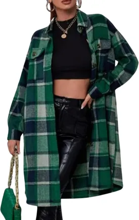 Women's Long Plaid Shirt Jacket Shacket Casual Lapel Button Down Wool Blend Tartan Trench Coat with Pockets