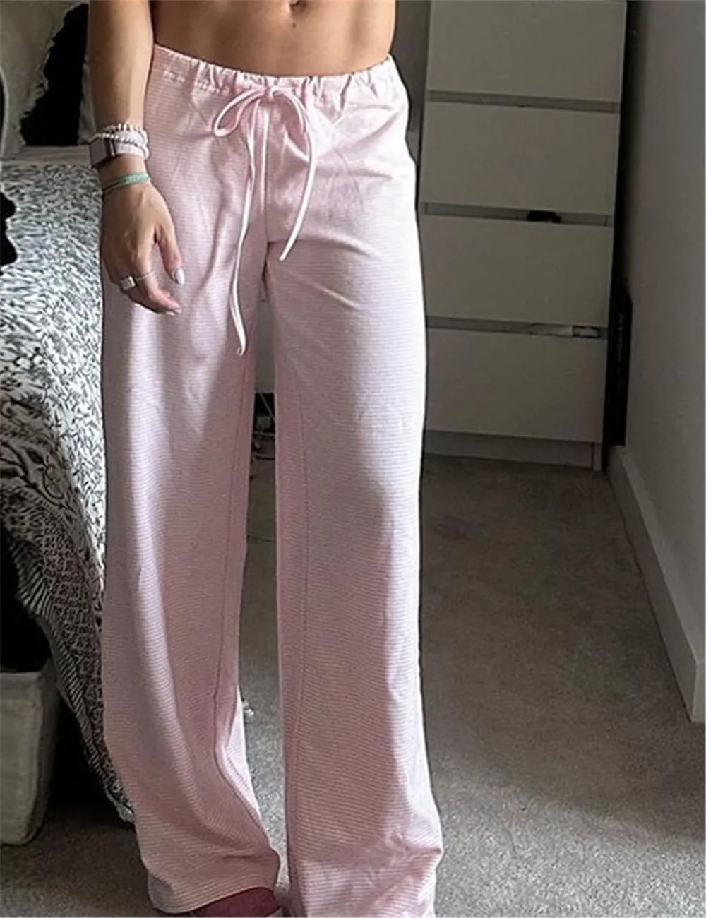 Women's Lounge Striped Wide Leg Pants, Low Rise Baggy Pajama Pants