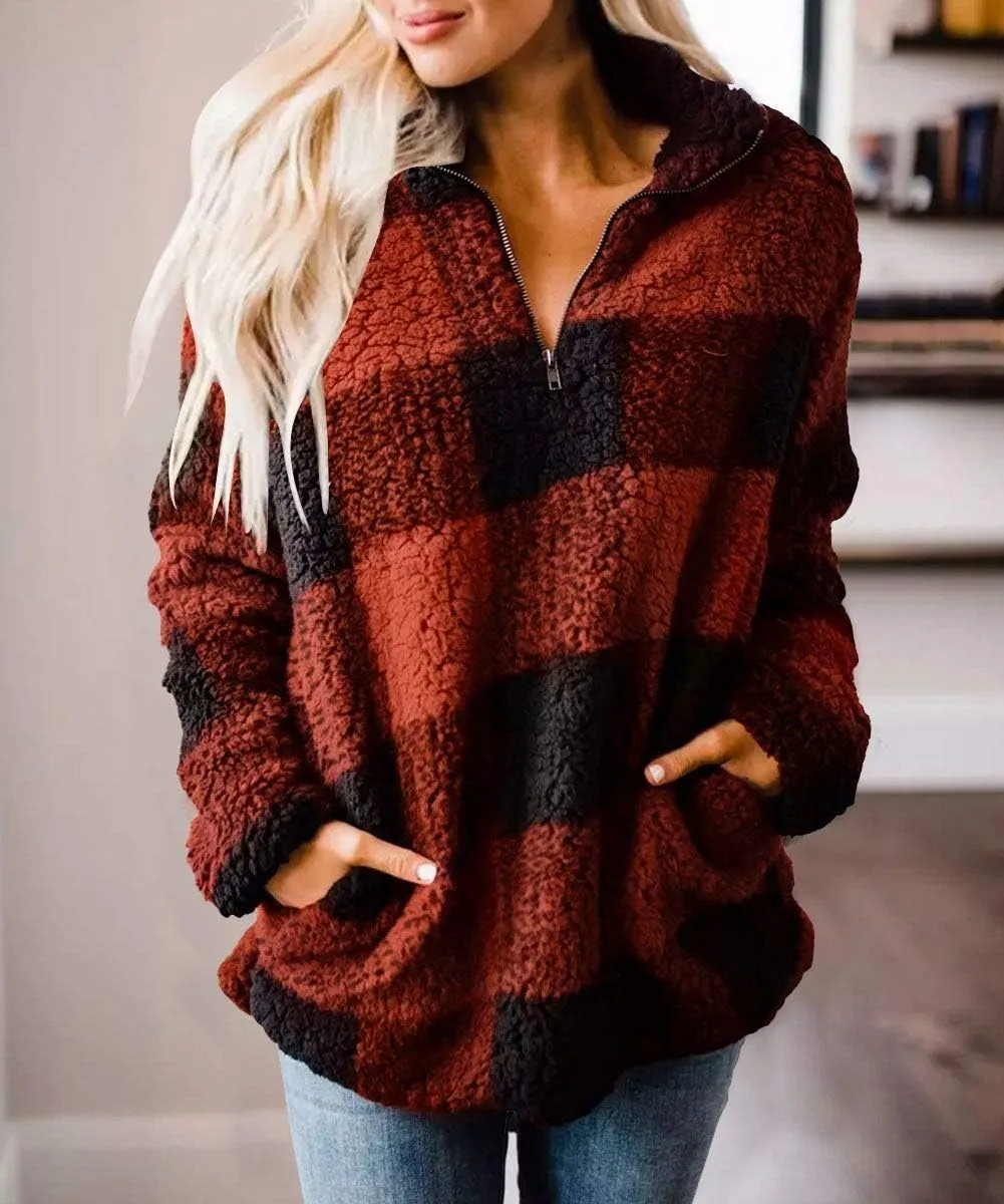 ZESICA Women's Plaid Long Sleeve Zipper Sherpa Fleece Sweatshirt Pullover Jacket Coat with Pockets