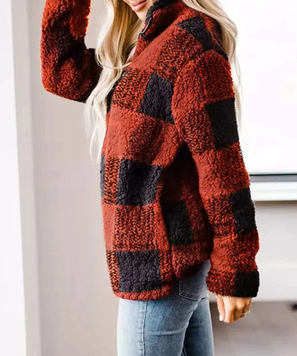 ZESICA Women's Plaid Long Sleeve Zipper Sherpa Fleece Sweatshirt Pullover Jacket Coat with Pockets
