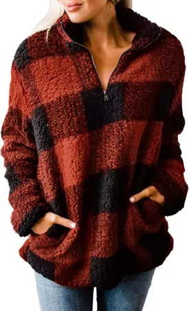 ZESICA Women's Plaid Long Sleeve Zipper Sherpa Fleece Sweatshirt Pullover Jacket Coat with Pockets