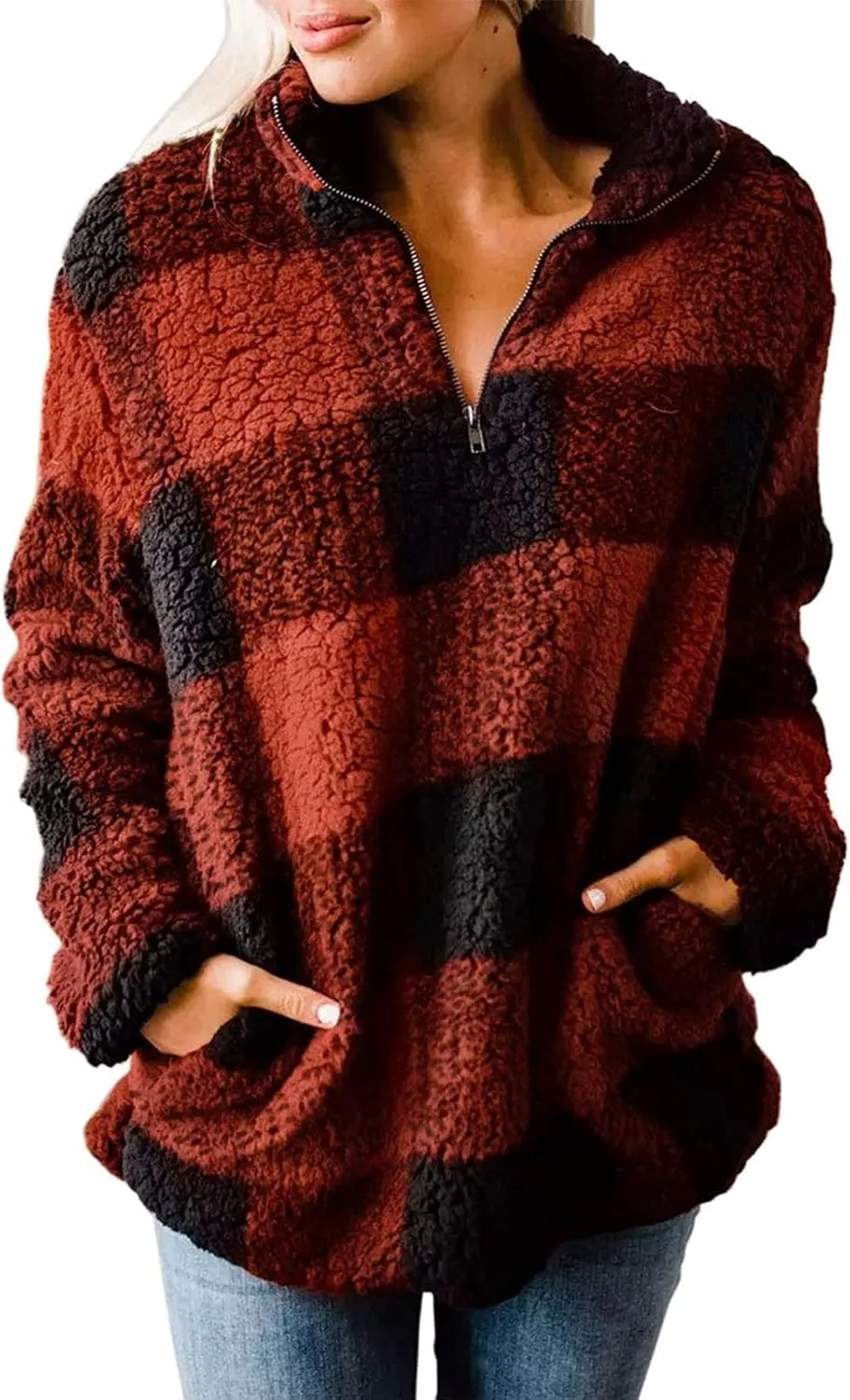 ZESICA Women's Plaid Long Sleeve Zipper Sherpa Fleece Sweatshirt Pullover Jacket Coat with Pockets